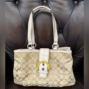 Coach Beige Signature Canvas Tote with Cream Leather Trim